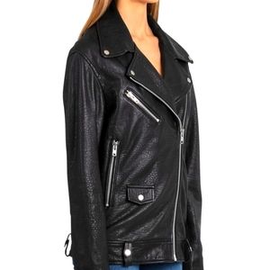 NWT BAGATELLE NYC Black Leather Oversized Moto Biker Silver Jacket sz XS